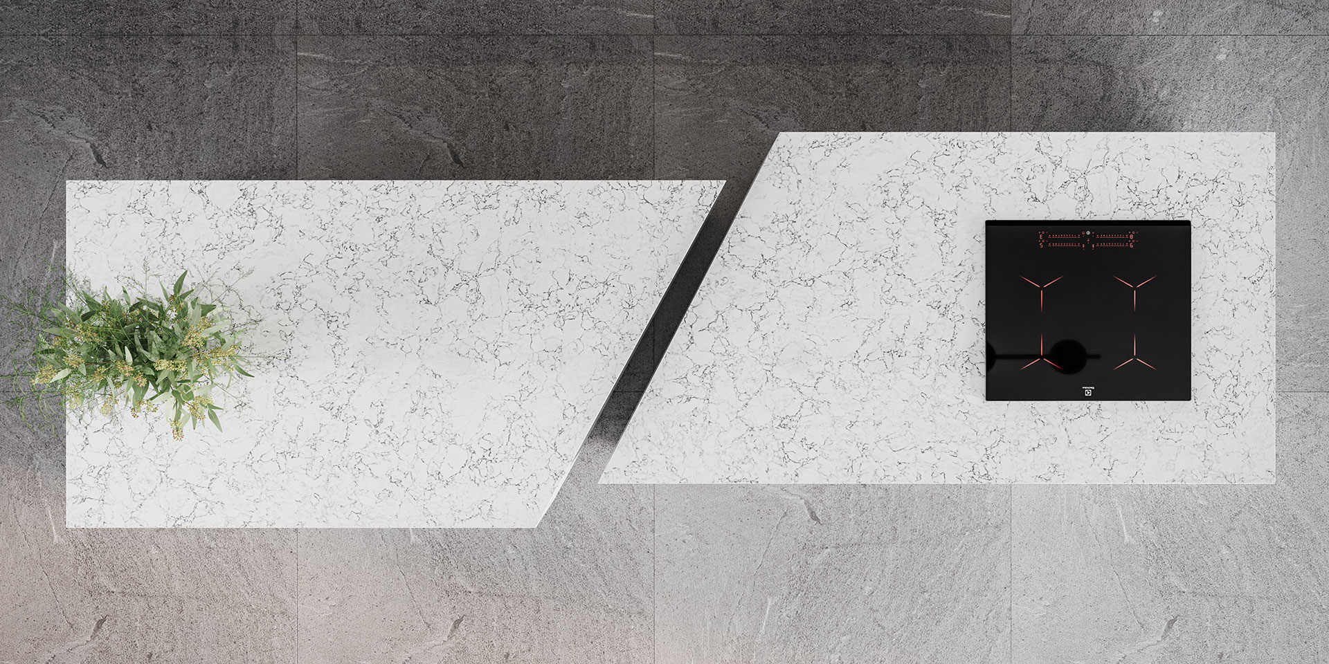 A modern 2-part kitchen island features a sleek induction cooktop - just one of many eco-friendly kitchen appliances out there to create a more sustainable home.