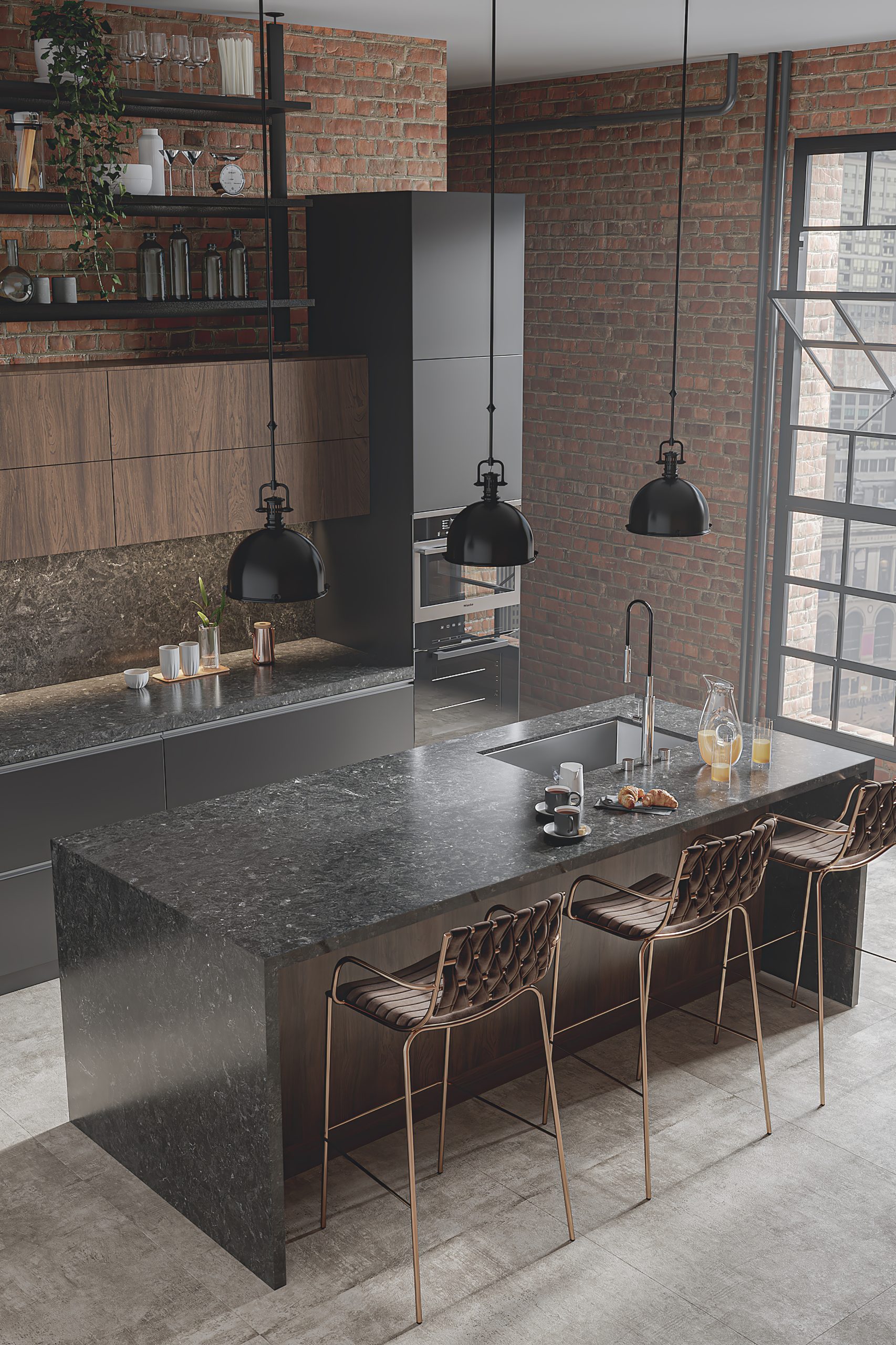 An aerial view shows a modern kitchen layout with a large, black island, and vertical cabinetry, with matched accessories to keep things streamlined.