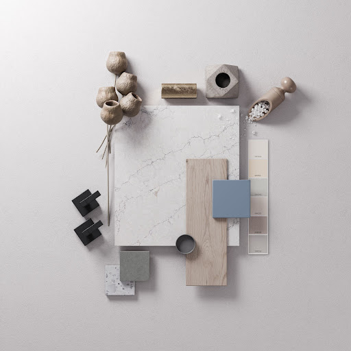 Mood board design with light oak, soft blue and warm neutral tones with marble-look white quartz